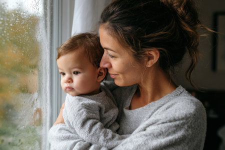Mother cuddles her baby in a bedroom while rain softly falls outside, creating a peaceful and intimate atmosphere.の素材