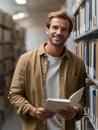 A library visitor stands near bookshelves, enjoying the quiet atmosphere while searching for information to support a personal project.の素材