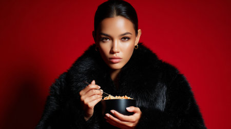 A glamorous woman dressed in a voluminous black fur coat poses against a bold red background while eating instant noodles from a cup.の素材