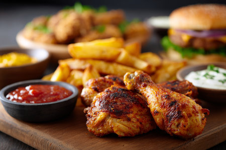 A mouthwatering assortment of crispy chicken, golden wedges, a juicy burger, and vibrant dipping sauces, ideal for food promotions.の素材