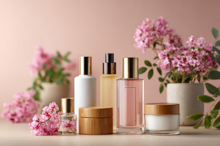A serene arrangement of premium skincare bottles and jars sits on a soft pink backdrop, with wooden accents adding natural elegance to the scene.の素材