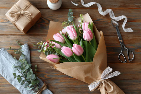 A bouquet of pink tulips wrapped in kraft paper lies on a warm wooden table, surrounded by ribbons and scissors, suggesting a thoughtful gift-making moment.の素材