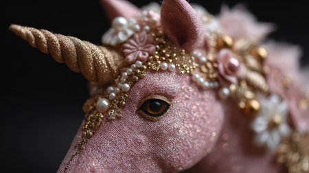 A pink glittery unicorn decorated with gold and white details, creating a dreamy, magical minimalist composition.の素材