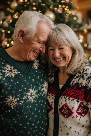 An older couple embraces in matching Christmas sweaters, surrounded by warm lights and a decorated tree, capturing a cozy, festive scene filled with affection.の素材