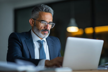 A middle-aged Latin male entrepreneur analyzes financial data on his laptop in the office, maintaining a focused and professional demeanor.の素材