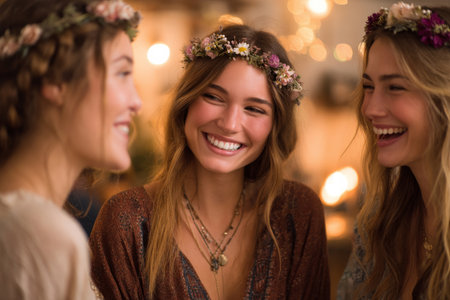Three young women wearing floral crowns chat happily in a warm, softly lit environment with a bohemian feel.の素材