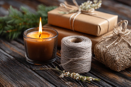 Rustic wooden textures frame a candle, twine, and neatly wrapped gifts, creating a warm handcrafted holiday mood ideal for festive DIY or creative inspiration.の素材