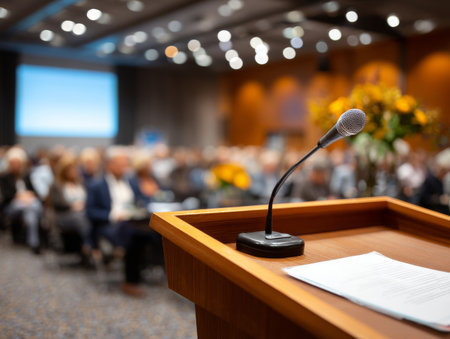 Blurred background of a speaker's podium at a professional conference. High qualityの素材