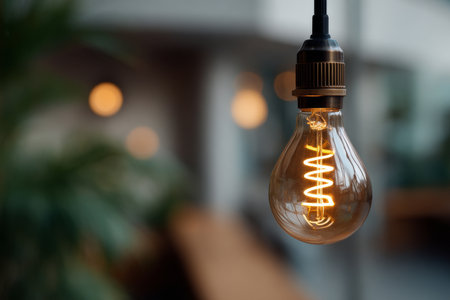 A captivating image of a vintage-style light bulb, featuring a spiraled filament that emits a warm, inviting glow. Set against a softly blurred background, the overall ambiance evokes a nostalgic yet modern vibe. Subtle greens and muted tones enhance the aesthetic, making it ideal for cozy or artistic settings.の素材