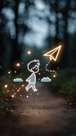 A dreamy, life like blurred photograph of a quiet forest path at dusk. In the foreground, a glowing neon line art of a boy flying a paper airplane, with sketchy stars and tiny clouds floating above it. The figure is traced in bold, luminous white strokes, children's simple drawings. Paint drips and freehand doodles bring an energetic and creative vibe to the whole image. The radiant outline of the character stands out vividly against the dreamy background.の素材