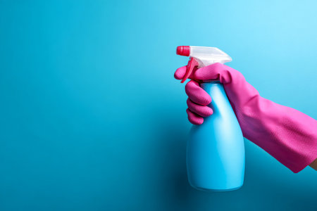 A vibrant image captures a hand holding a spray bottle against a light blue background. The hand is adorned with a pink rubber glove, conveying a sense of cleanliness and hygiene. This visually appealing representation is perfect for themes of cleaning, domestic tasks, and home care, evoking a fresh and tidy mood.の素材