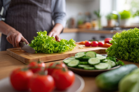 A vibrant image captures a person preparing a fresh salad in a modern kitchen. Lush green lettuce and cucumber slices are prominently featured, along with bright red tomatoes on the side. The clean, bright setting evokes a healthy, inviting atmosphere, perfect for culinary and lifestyle-themed projects.の素材