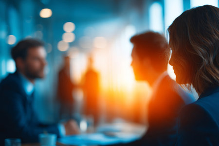 Corporate collaboration: business professionals in discussion at table with abstract blurred office background in blue and orange hues.の素材