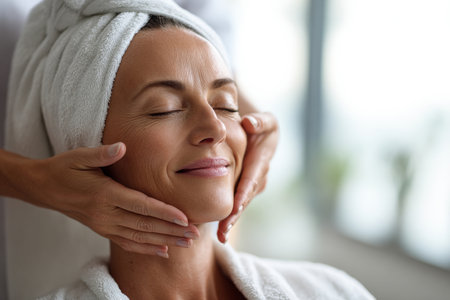 Relaxation takes center stage in this serene image featuring a woman enjoying a soothing facial treatment. Wrapped in a soft white towel, she rests peacefully as a skilled therapist gently massages her face. The bright, airy setting enhances the tranquil mood, making it an ideal representation of self-care and wellness.の素材
