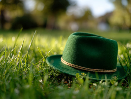 st patrick's day green felt hat on natural green grass fieldの素材