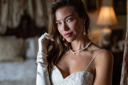 Elegant bridal portrait capturing a stunning model in a soft, white strapless gown. Set against a luxurious bedroom backdrop, the image features delicate pearl accessories and vintage gloves, exuding romance and sophistication. Warm, natural lighting enhances the serene mood, making it perfect for wedding-related themes and fashion shoots.の素材