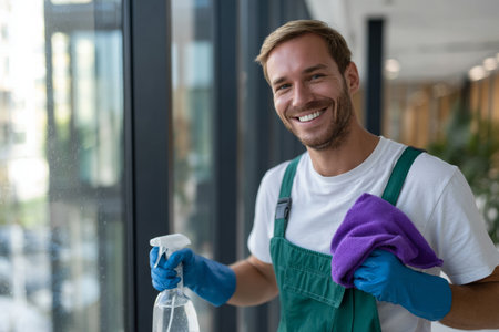 A cheerful young man in a white t-shirt and green overalls smiles as he cleans a glass window. Wearing blue gloves, he holds a spray bottle and a purple cleaning cloth. The image captures a bright, modern interior, exuding a positive, energetic atmosphere ideal for housekeeping or cleaning service themes.の素材