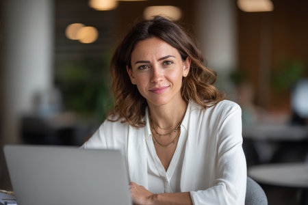 Portrait ceo Hispanic businesswoman professional employee or young student studying using pc doing work. Latin hispanic business woman financier manager working on laptop computer in office, looking at cameraの素材