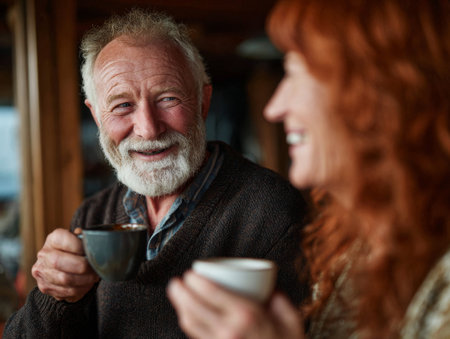 A warm image capturing a cozy moment between an elderly man with a beard and a woman with red hair, both enjoying cups of coffee. The setting features soft natural lighting and wooden textures, creating a relaxed mood. Their cheerful expressions evoke warmth and connection, perfect for lifestyle themes.の素材