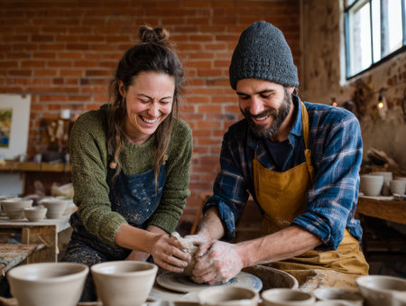 A joyful image captures two artists engaged in pottery, working with clay at a cozy studio. The warm tones of the rustic brick walls and natural lighting create an inviting atmosphere. Their laughter and focused expressions convey creativity and collaboration, making this an inspiring scene for artistic endeavors.の素材