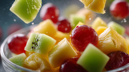 ultra-realistic slow-motion close-up of five different fruits falling gently into an empty clear glass bowl with NO water. Fruits include: apple cubes, guava pieces, pineapple chunks, honeydew cubes, and whole red grapes. Each fruit shows only a tiny natural sheen of moisture or juice on the cut surface, not dripping, not splashing. Cinematic macro food-commercial lighting, crisp details, soft shadows, clean backgroundの素材