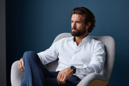 A professional man with a well-groomed beard sits thoughtfully in a modern, light-colored chair. Dressed in a crisp white shirt and tailored blue trousers, he holds a watch in one hand. The minimalist setting features a calming blue background, creating a sophisticated and contemplative mood in the image.の素材