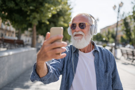 Senior bearded man making selfie with mobile phone while listening to his favorite playlist with headphones - Fashion matured male having fun with smartphone apps outdoor - Elderly, technology conceptの素材