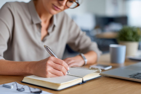 Close up of businesswoman writing in notebook while sitting at table in officeの素材