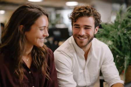 Couple sharing a moment in a modern workspace, this image captures the warmth and connection between them. The woman, dressed in a burgundy shirt, leans in as the man in a white shirt smiles softly. Bright greens from indoor plants contrast with the clean, minimalist background, creating an inviting atmosphere.の素材