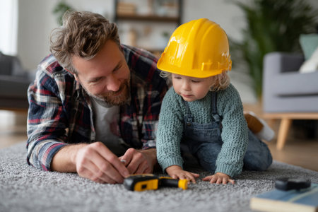 A heartwarming image of a father and child working together on a DIY project at home. The father, wearing a plaid shirt, guides his young son, who sports a bright yellow construction hat. The cozy gray carpet and modern furniture create a relaxed setting, fostering creativity and bonding moments.の素材