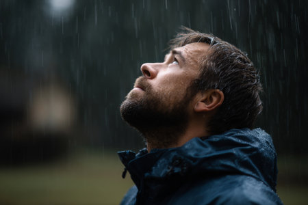 A man stands in the rain, looking up at the sky. Concept of solitude and introspection, as the man is alone in the rain, seemingly lost in thought. The raindrops falling on his head.の素材