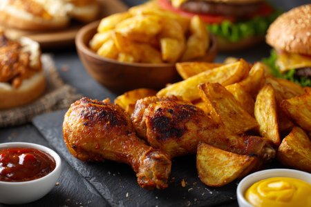 Savor the mouthwatering image featuring a delicious spread of crispy chicken drumsticks, golden potato wedges, and a juicy burger accompanied by crispy fries. Brightly colored dips add vibrancy to the setting, creating a casual and inviting mood perfect for food lovers. Ideal for culinary websites or menu designs.の素材