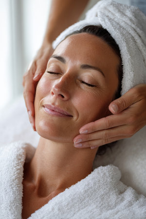 Relaxation takes center stage in this serene image featuring a woman enjoying a soothing facial treatment. Wrapped in a soft white towel, she rests peacefully as a skilled therapist gently massages her face. The bright, airy setting enhances the tranquil mood, making it an ideal representation of self-care and wellness.の素材
