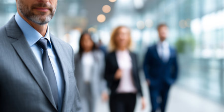 business, people and office concept - close up of senior businessman walking in officeの素材