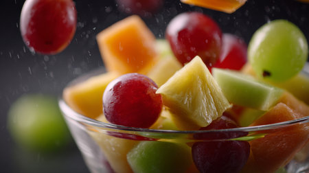ultra-realistic slow-motion close-up of five different fruits falling gently into an empty clear glass bowl with NO water. Fruits include: apple cubes, guava pieces, pineapple chunks, honeydew cubes, and whole red grapes. Each fruit shows only a tiny natural sheen of moisture or juice on the cut surface, not dripping, not splashing. Cinematic macro food-commercial lighting, crisp details, soft shadows, clean backgroundの素材