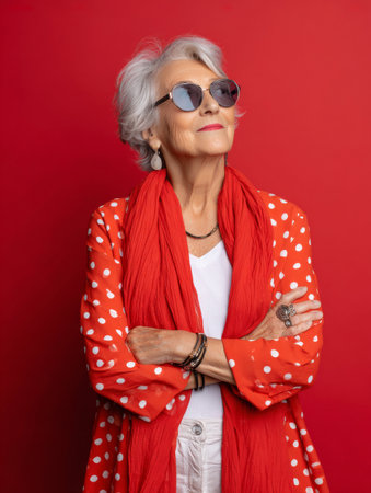 Beautiful elderly woman in fashionable wear looking cool and trendy while standing on red backgroundの素材