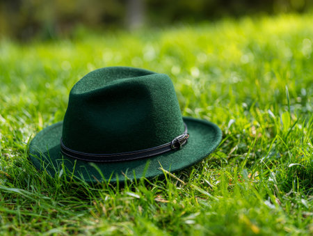 st patrick's day green felt hat on natural green grass fieldの素材