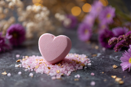 A beautifully styled image featuring a pink heart-shaped bath bomb surrounded by pink bath salts arranged in a heart shape on a dark marble surface. Delicate dried flowers add a touch of romance. The aesthetic creates a serene mood, perfect for wellness, relaxation, and self-care themes in stock photography.の素材