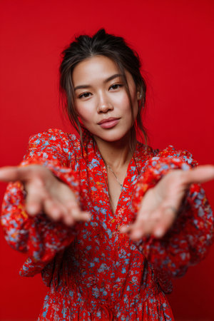 Asian model poses with outstretched hands against a red studio backdrop.の素材