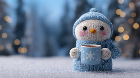 Cute snowman toy with mug in winter scene. Cozy knitted plush character on snowy background. Christmas gift idea for kid. Festive animation concept.の素材