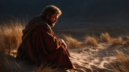 Biblical scene, Job alone in the desert, soft wind moving the sand, deep golden light, dark red and brown tones, classical Catholic art style, dramatic shadows, highly detailed, 8k, cinematic composition, solemn mood, inspired by traditional sacred paintings, warm gold highlights, realism with painterly texture.の素材