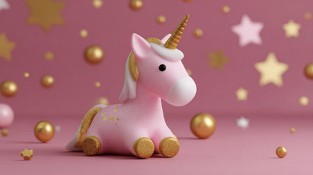 Pink sparkling unicorn adorned with gold and white accents. Surreal magical aesthetic in a minimalistic composition.の素材