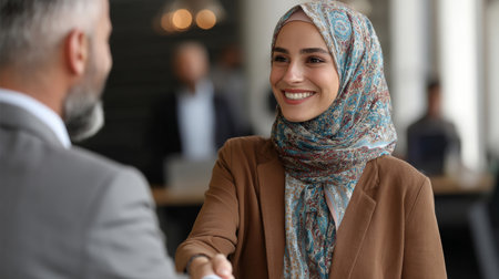 Young Muslim bank worker woman in hijab shaking hand with client, hr manager welcome recruit employee. Middle eastern arab businesswoman showing greeting after signing contract with business partnerの素材