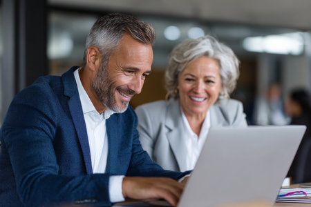Mature 40s age Latin business man mentoring mid age European business woman discussing project on laptop in office. Two colleagues, group of partners, businessman and businesswoman working together.の素材