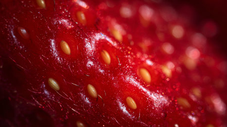 Extreme close-up of strawberry skin with visible seeds, subtle texture patterns, and rich saturated tones.の素材