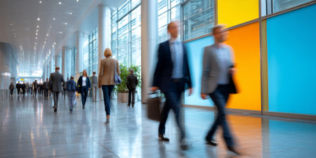 dynamic blurred motion of business people at modern conference hall with colorful glass panels in background.の素材
