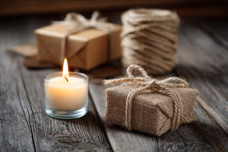 Crafting a warm and inviting atmosphere, this image features rustic wooden surfaces adorned with a lit candle, twine, and neatly wrapped gifts. Highlighting earthy tones, the arrangement exudes a cozy, handmade feel, perfect for holiday themes, DIY projects, or gift-wrapping inspiration. Ideal for stock photography showcasing festive creativity.の素材
