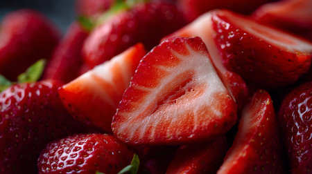 Close-up of sliced strawberries showing juicy interior texture, seeds, and natural gradient tones from deep red to soft pink.の素材