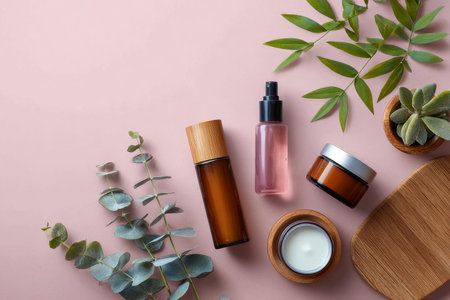 Luxurious skincare products are artistically arranged on a soft pink background in this image, creating a serene and inviting atmosphere. Featuring a variety of sleek bottles and jars, the composition highlights natural materials like wood, enhancing the aesthetic appeal. Perfect for beauty and wellness themes, this image radiates freshness and elegance.の素材