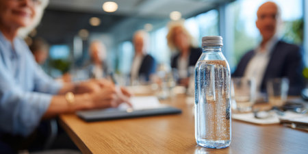 A close-up of a water bottle on a conference table, with blurred professionals discussing in the background, showcasing corporate environment.の素材